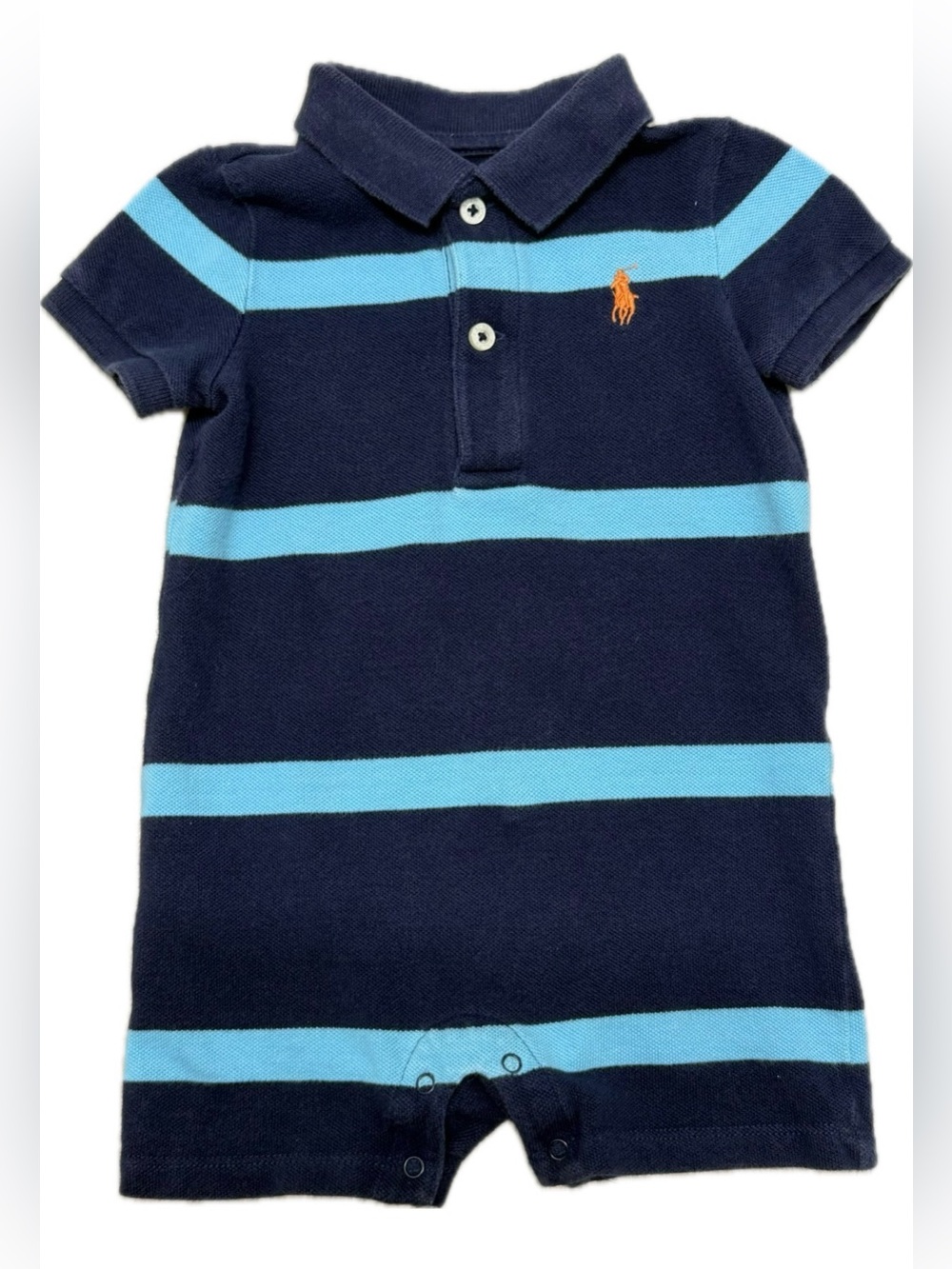 Ralph Lauren Navy & Light Blue Striped Polo Romper with Orange Pony